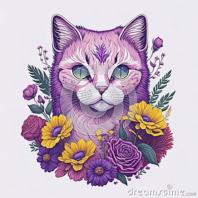 cute pink cat with yellow flowers Cartoon Illustration