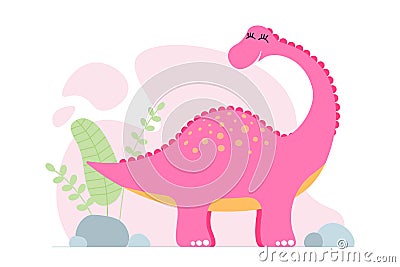 Cute pink dino brontosaurus. Kind smiling baby dinosaur brachiosaurus. Cartoon baby graphic design print banner Vector Illustration