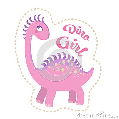 Cute pink Dinosaur girl with lettering Dino Girl. Vector EPS 10 Vector Illustration