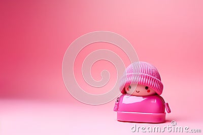 Cute pink doll keychain for bag on pink background Stock Photo