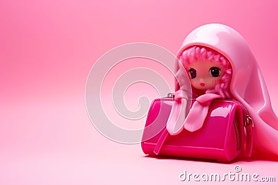 Cute pink doll keychain for bag on pink background Stock Photo