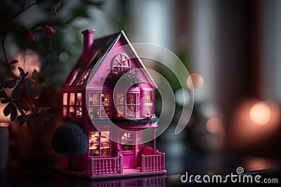 Cute pink dollhouse. Stylish home for a doll. Generative Ai Stock Photo