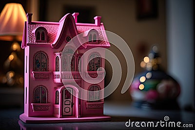 Cute pink dollhouse. Stylish home for a doll. Generative Ai Stock Photo