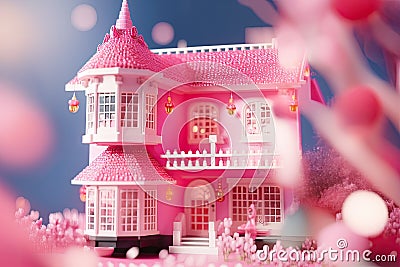 Cute pink dollhouse. Stylish home for a doll. Generative Ai Stock Photo