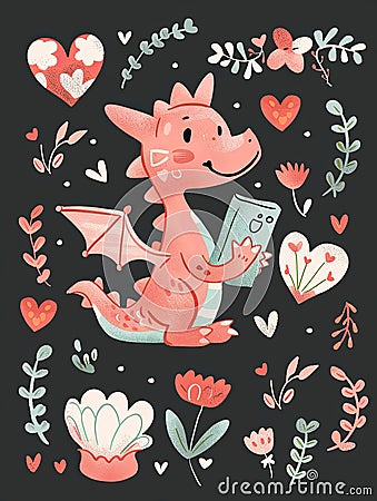 A cute pink dragon sitting on top of a book Vector Illustration