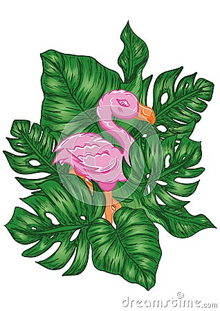 Cute pink flamingo with tropical leaves illustration Vector Illustration