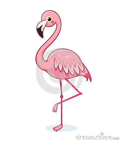 Cute pink flamingo on a white background. Cartoon Illustration