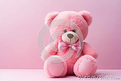 cute pink fluffy teddy bear toy with tie bow sitting on a pink background with copy space Stock Photo