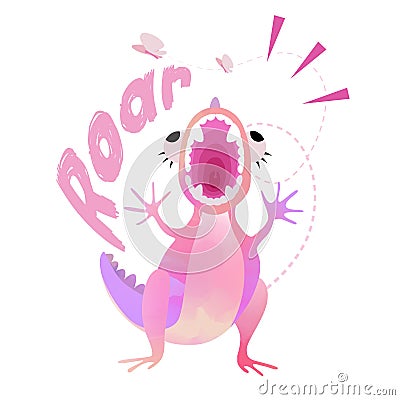 Cute pink funny Dinosaur girl with lettering Roar. Vector EPS 10 Vector Illustration