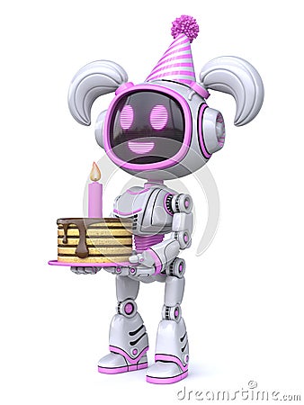 Cute pink girl robot with birthday cap and cake 3D Cartoon Illustration