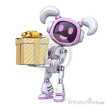 Cute pink girl robot giving gift box 3D Cartoon Illustration