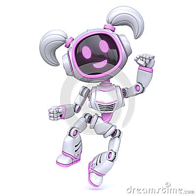 Cute pink girl robot happy jumping 3D Cartoon Illustration