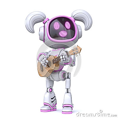 Cute pink girl robot playing ukulele 3D Cartoon Illustration