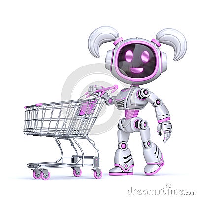 Cute pink girl robot push empty shopping cart 3D Cartoon Illustration