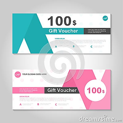 Cute pink and green gift voucher template layout design set, certificate discount coupon pattern for shopping Vector Illustration