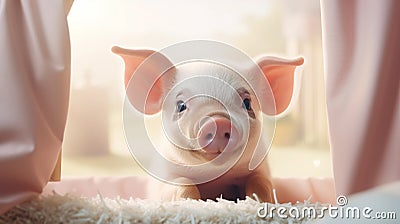 Cute Pink Guinea Mini Pig, Little Pet Lying On Sofa In Bedroom. Taking Care Of Exotic Stock Photo