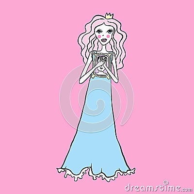 Cute pink haired princess dreams about charming prince. Simple print. Vector illustration. Vector Illustration