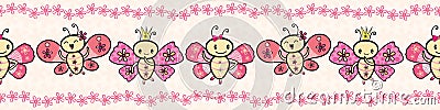 Cute pink hand drawn Kawaii style dancing butterflies border with floral edging. Seamless vector pattern on cream flower Vector Illustration