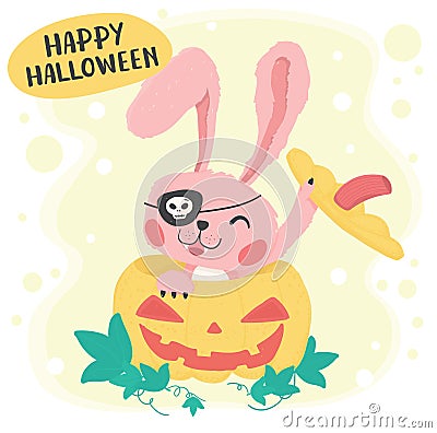 Cute pink happy bunny rabbit in yellow pumpkin, flat vector cute animal cartoon, happy halloween Vector Illustration