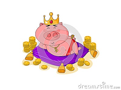 Cute pink king piggy with gold crown and coins around, lying on the violet pillow. Vector Illustration