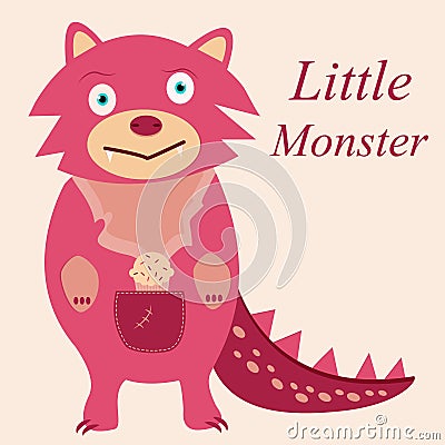 Cute pink monster with fangs Vector Illustration