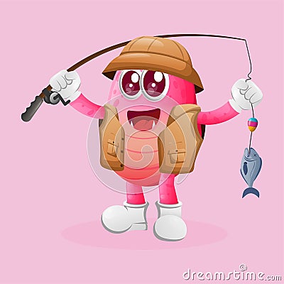 Cute pink monster fishing Vector Illustration