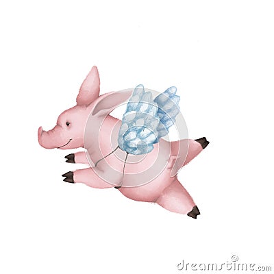 Cute pink pig with angel wings. Isolated on white background. Stock Photo