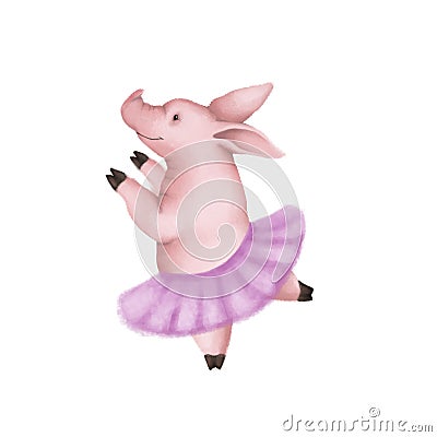 Cute pink pig ballerina. In a pink skirt dancing. Isolated on white background. symbol 2019 Stock Photo