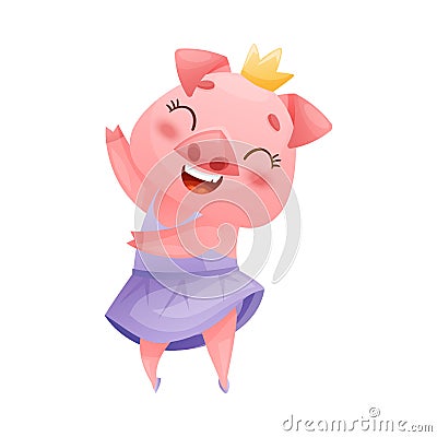 Cute Pink Pig Dancing Ballet Wearing Purple Skirt and Crown on Its Head Vector Illustration Vector Illustration