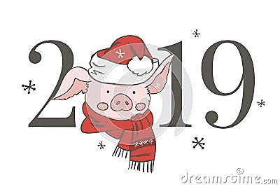 Cute pink pig. Happy New Year. Chinese symbol of the 2019 year. Excellent festive gift card. Vector illustration on white Cartoon Illustration