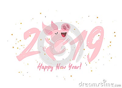 Cute pink pig. Happy New 2019 Year Vector Illustration