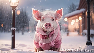 Cute pink piglet outside in the winter street Stock Photo