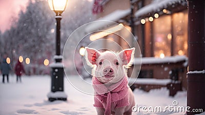 Cute pink piglet outside in the winter street Stock Photo