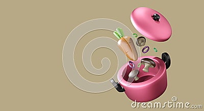 Cute pink pot and lid with vegetable or food 3d render isolate background. Stock Photo