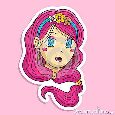 Cute Pink Princess Girl Head Sticker Vector Illustration