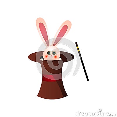 Cute pink rabbit from circus magic top hat near magic stick Vector Illustration