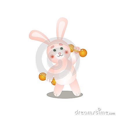 Cute pink rabbit make morning sport with metal dumbbell Vector Illustration