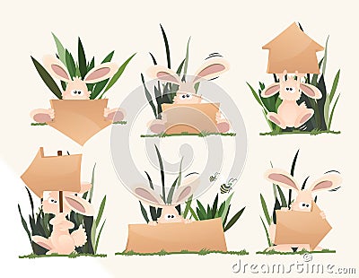 Cute Pink Rabbits Holding Signs Vector Illustration