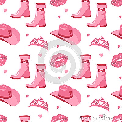 Cute pink seamless pattern with princess Barbie wardrobe details, crown, shoes, cowboy hat, kiss. Beautiful girlish wallpaper. Vector Illustration