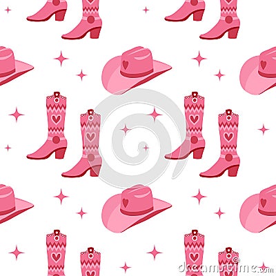 Cute pink seamless pattern with princess Barbie wardrobe details, crown, shoes, cowboy hat, kiss. Beautiful girlish wallpaper. Vector Illustration