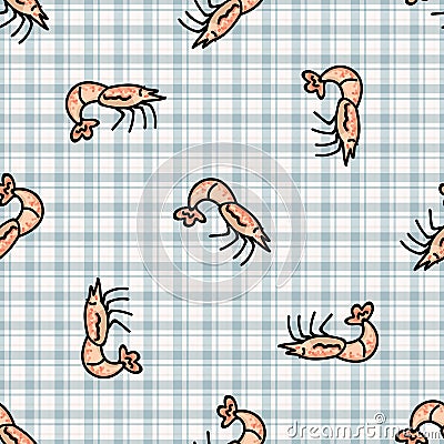 Cute pink shrimp cartoon seamless vector pattern. Hand drawn crustacean for marine life blog. Prawn arthropod all over Vector Illustration