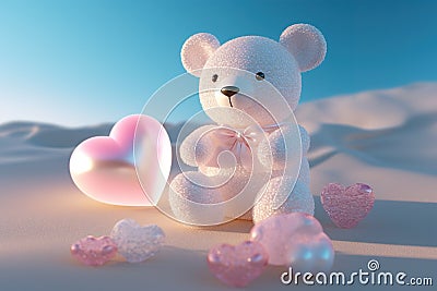 A cute pink teddy bear for love, valentine, or wedding design, heart-shaped transparent bubble on the beach Stock Photo