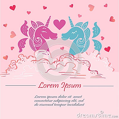 Cute pink template with pink and blue Unicorns with wings in clouds. Vector Illustration