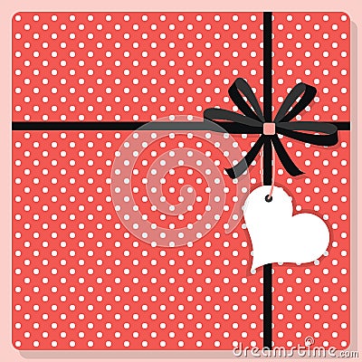 Cute pink and white polka dots pattern gift with bow and hanging heart shape tag Vector Illustration