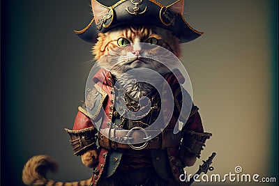 Ai generated. Cute pirate cat with a hat called tricorn or tricorne 3d character and a costume Stock Photo
