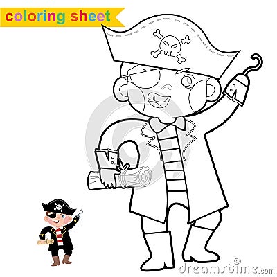 Cute pirate coloring page. Educational printable coloring worksheet. Vector Illustration