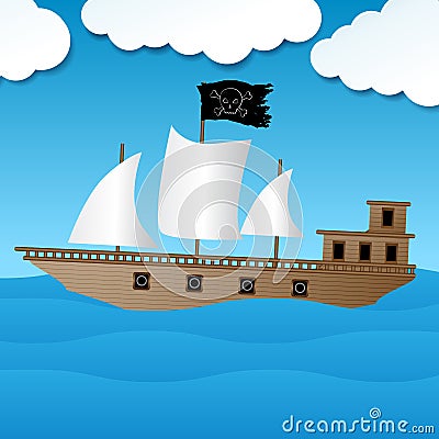 Cute pirate ship sailing on the ocean Vector Illustration