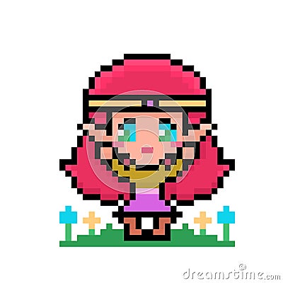Cute pixel anime elf girl, fantasy character Vector Illustration