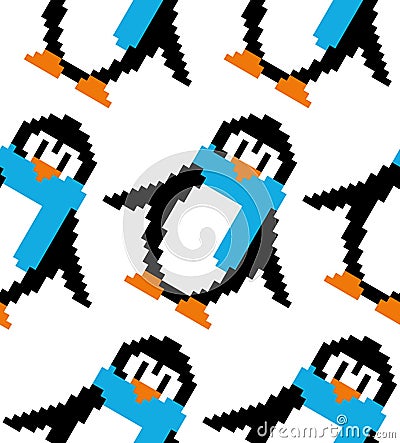 Cute pixel art vector seamless pattern: pixel art colorful penguins; design can be used as a background for wallpaper, wrapping p Vector Illustration