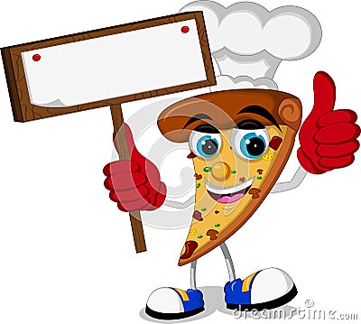 Cute pizza cartoon thumb up holding blank board Stock Photo